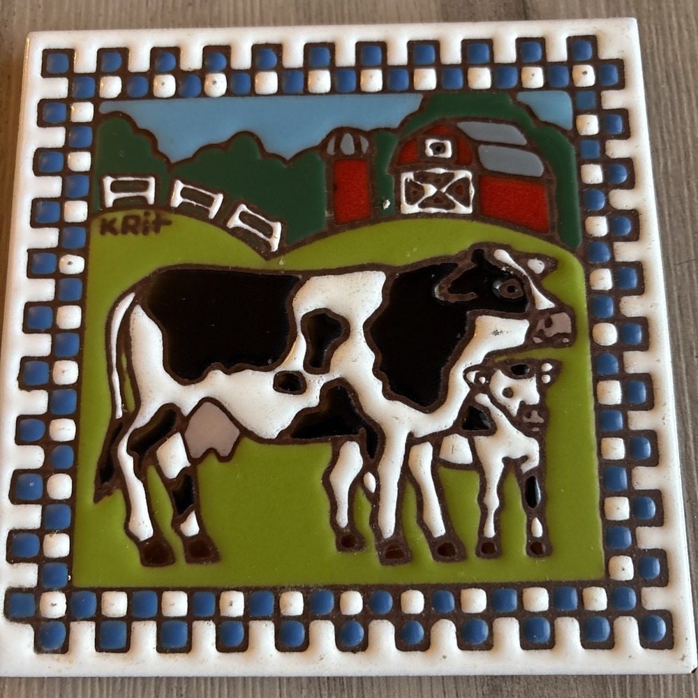Earthtones Art Tile “Country” Cows Ceramic 1999 #4901A Tucson AZ Trivet Krit